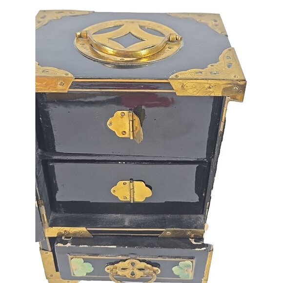 Vintage Asian Lacquer Jewelry Box Chest Brass Mother-of-Pearl Birds Flowers - Picture 10 of 15